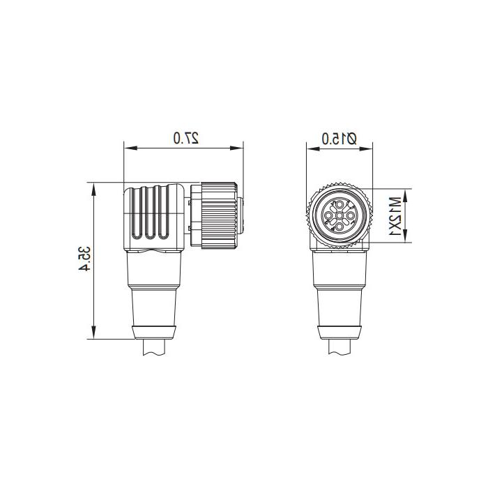 M12 5Pin、引脚5灰、母头90°、带LED灯、引脚5灰色、单端预铸PUR柔性电缆、黑色护套、64S301-XXX